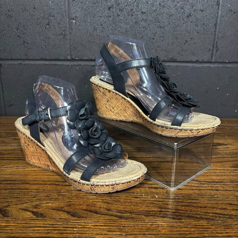 B.O.C. Born Concept Black Leather Floral Cork Wedge Sandals Women’s 9